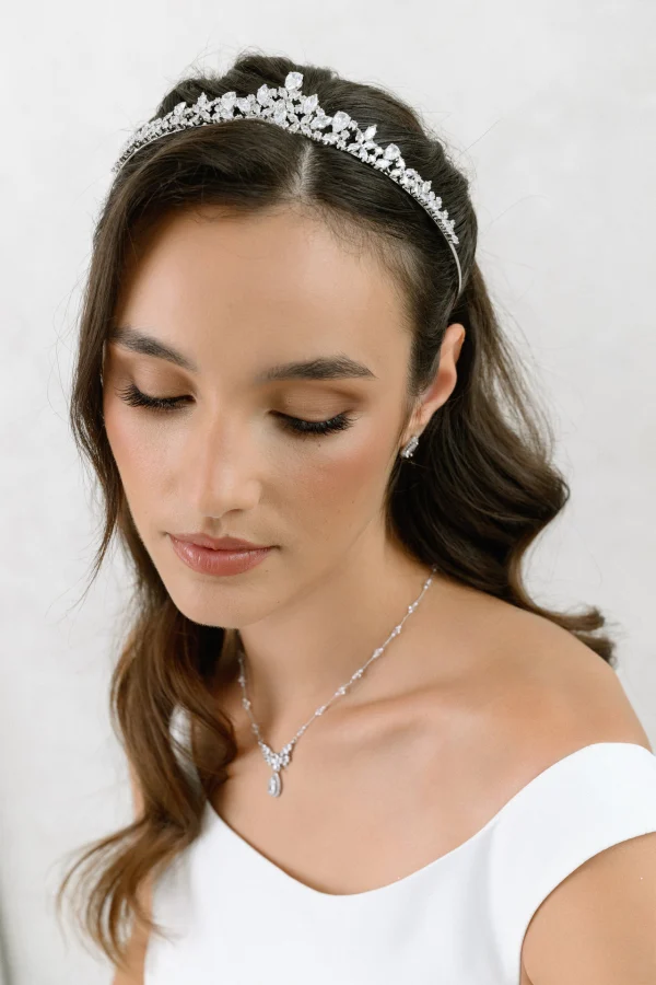 Tiara argentata con decorazioni a foglia e zirconi