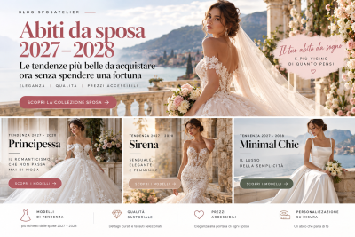 Abiti da sposa 2027–2028: tendenze principessa, sirena e minimal chic nella guida Sposatelier