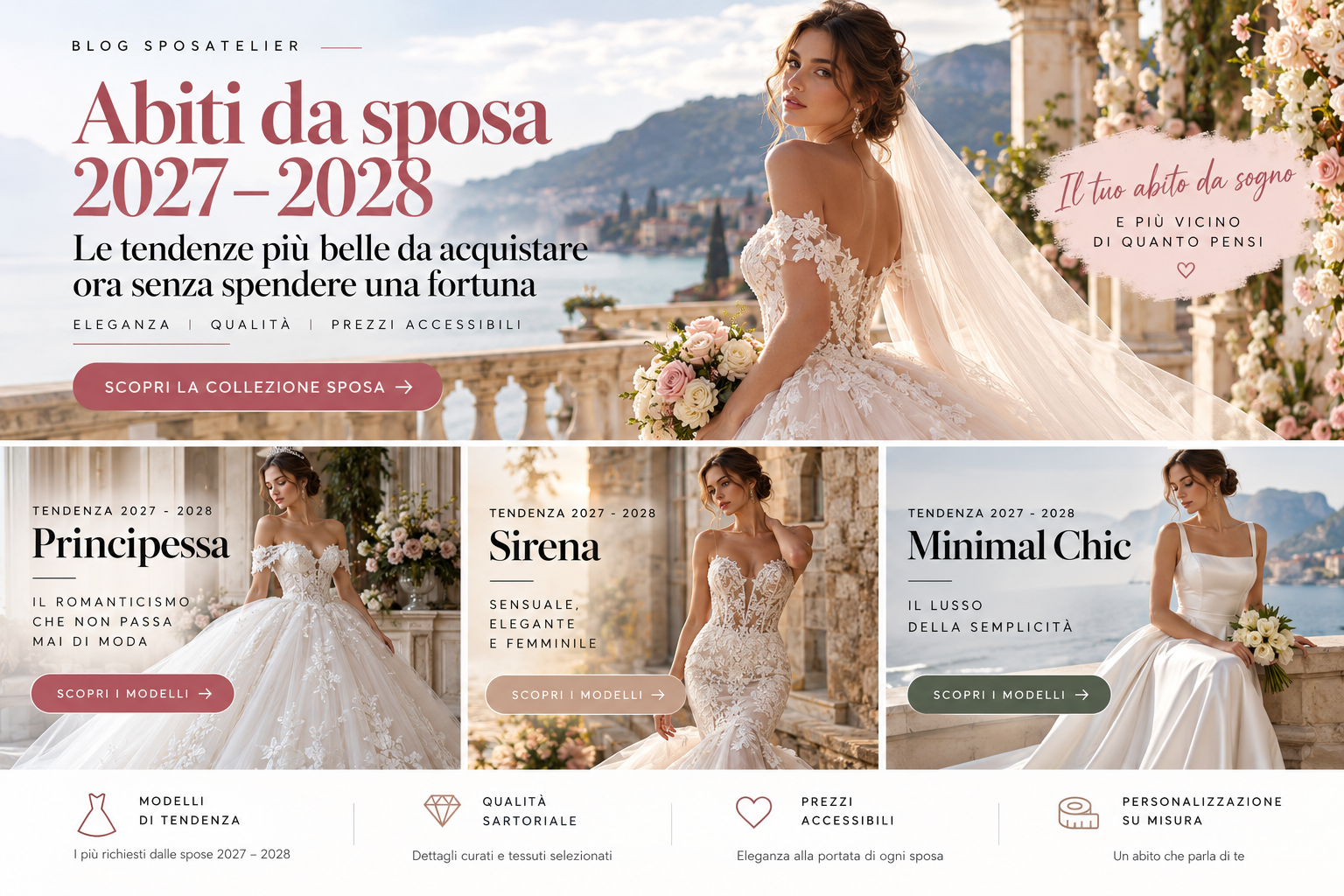 Abiti da sposa 2027–2028: tendenze principessa, sirena e minimal chic nella guida Sposatelier
