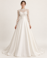 Abito da sposa 2027 principesco avorio con corpetto in pizzo floreale, collo alto, maniche lunghe trasparenti e ampia gonna satinata.