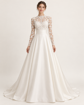 Abito da sposa principesco avorio con collo alto in pizzo floreale, maniche lunghe e gonna ampia
