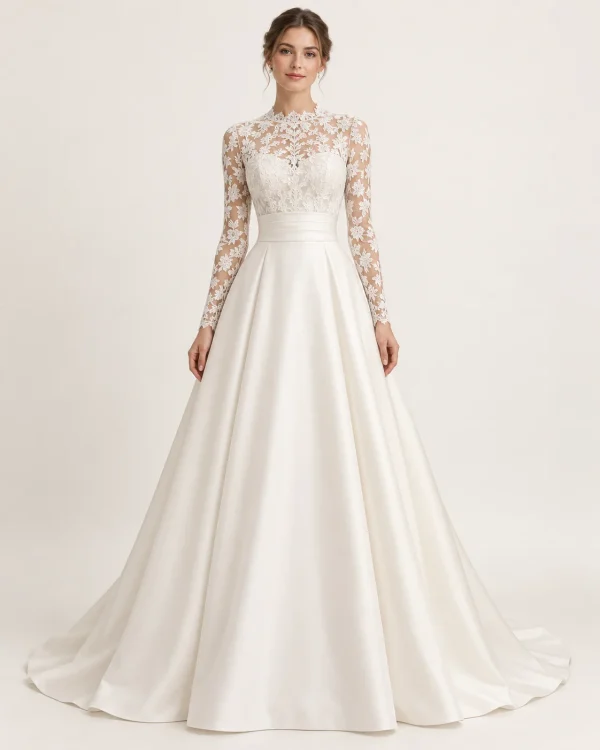 Abito da sposa principesco avorio con collo alto in pizzo floreale, maniche lunghe e gonna ampia