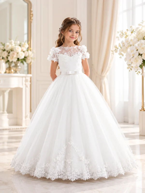 Abito da cerimonia bambina avorio stile principessa con fiori 3D sulle spalle, corpetto in pizzo floreale e gonna ampia in tulle ricamato.