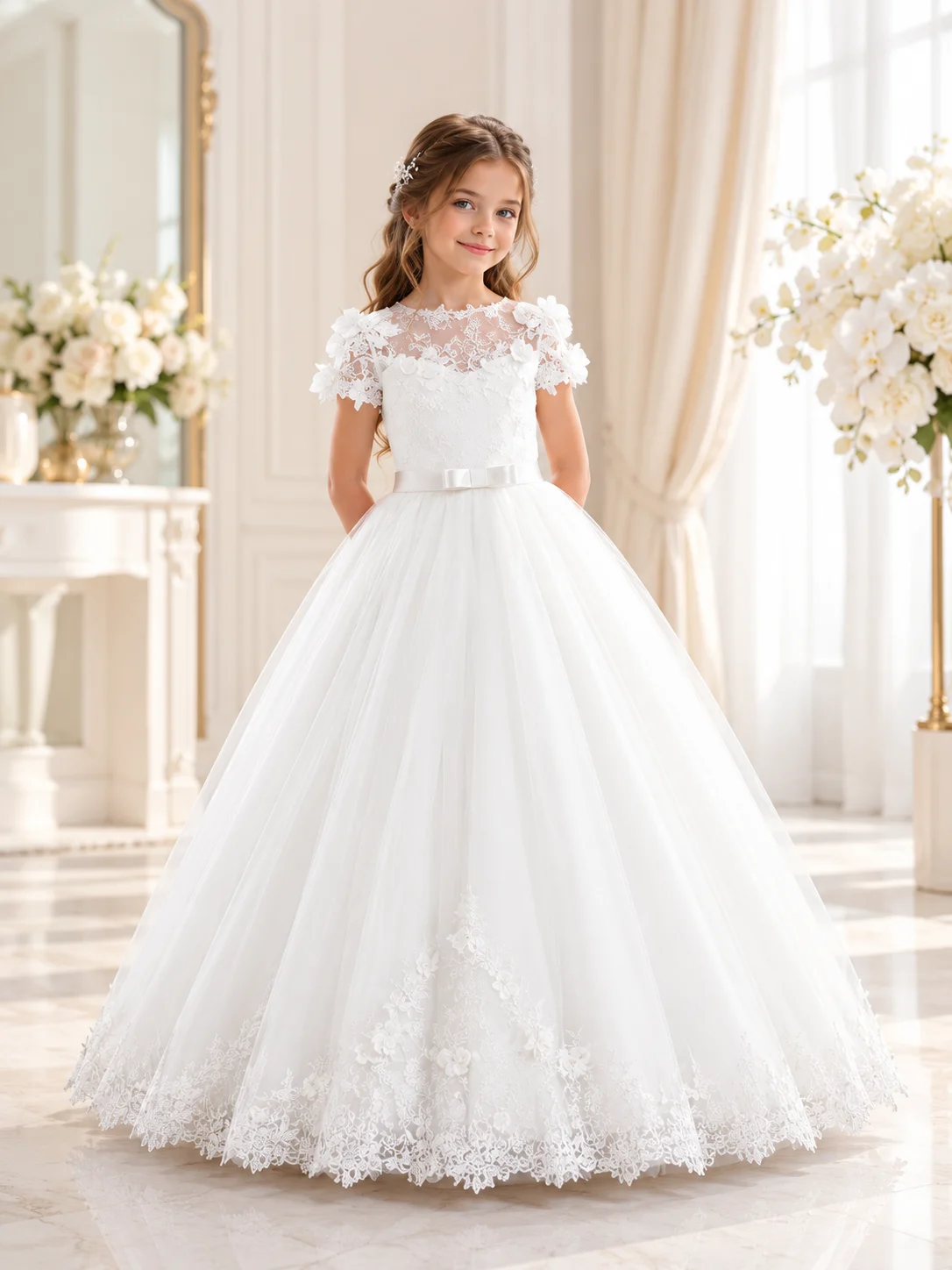 Abito Cerimonia Bambina Avorio con Fiori 3D e Tulle โ Fronte Abito da cerimonia bambina avorio stile principessa con fiori 3D sulle spalle, corpetto in pizzo floreale e gonna ampia in tulle ricamato.