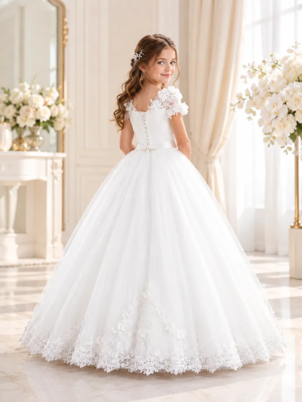 Vista posteriore dell'abito da cerimonia bambina avorio con fiori 3D sulle spalle, corpetto ricamato e gonna voluminosa in tulle con orlo in pizzo.
