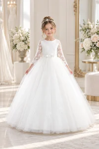 Bambina con abito da cerimonia bianco con gonna ampia in tulle e maniche lunghe in pizzo vista frontale