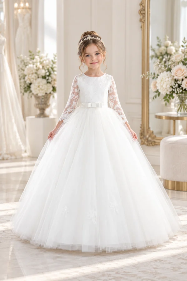 Bambina con abito da cerimonia bianco con gonna ampia in tulle e maniche lunghe in pizzo vista frontale