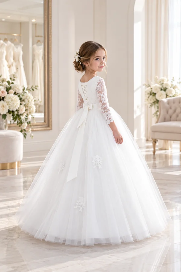 Abito da cerimonia bambina bianco con gonna in tulle e dettaglio posteriore con fiocco vista retro