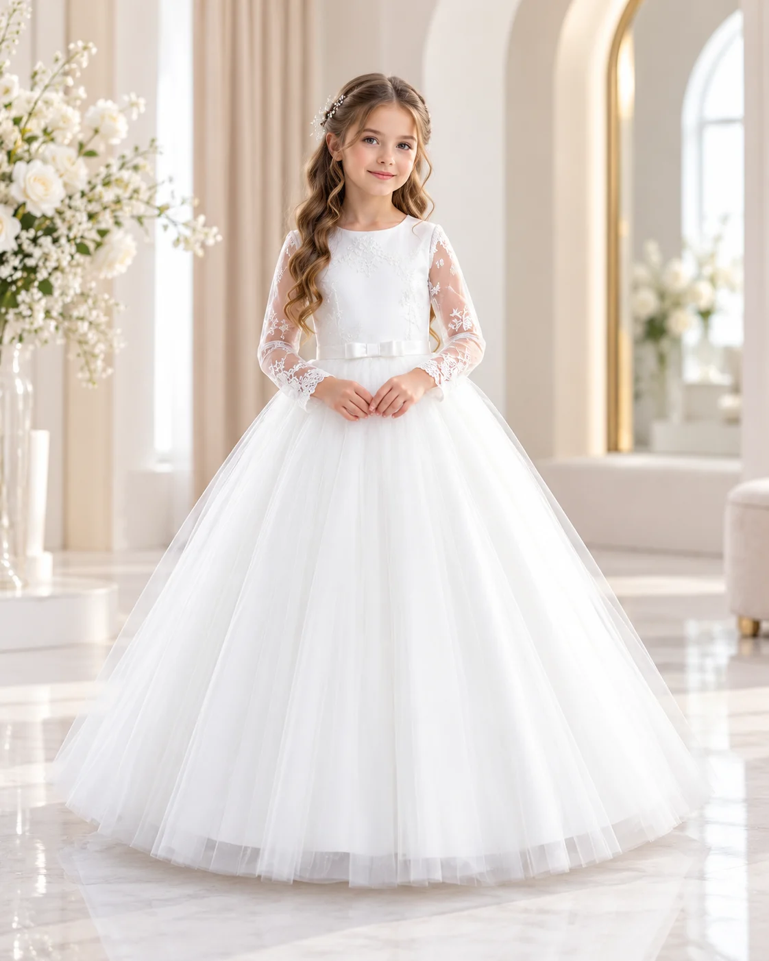 Abito Cerimonia Bambina Bianco in Tulle e Pizzo – Fronte