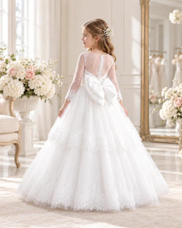 Vista posteriore di abito da cerimonia bambina con grande fiocco in vita, corpetto in pizzo e gonna voluminosa in tulle ricamato.