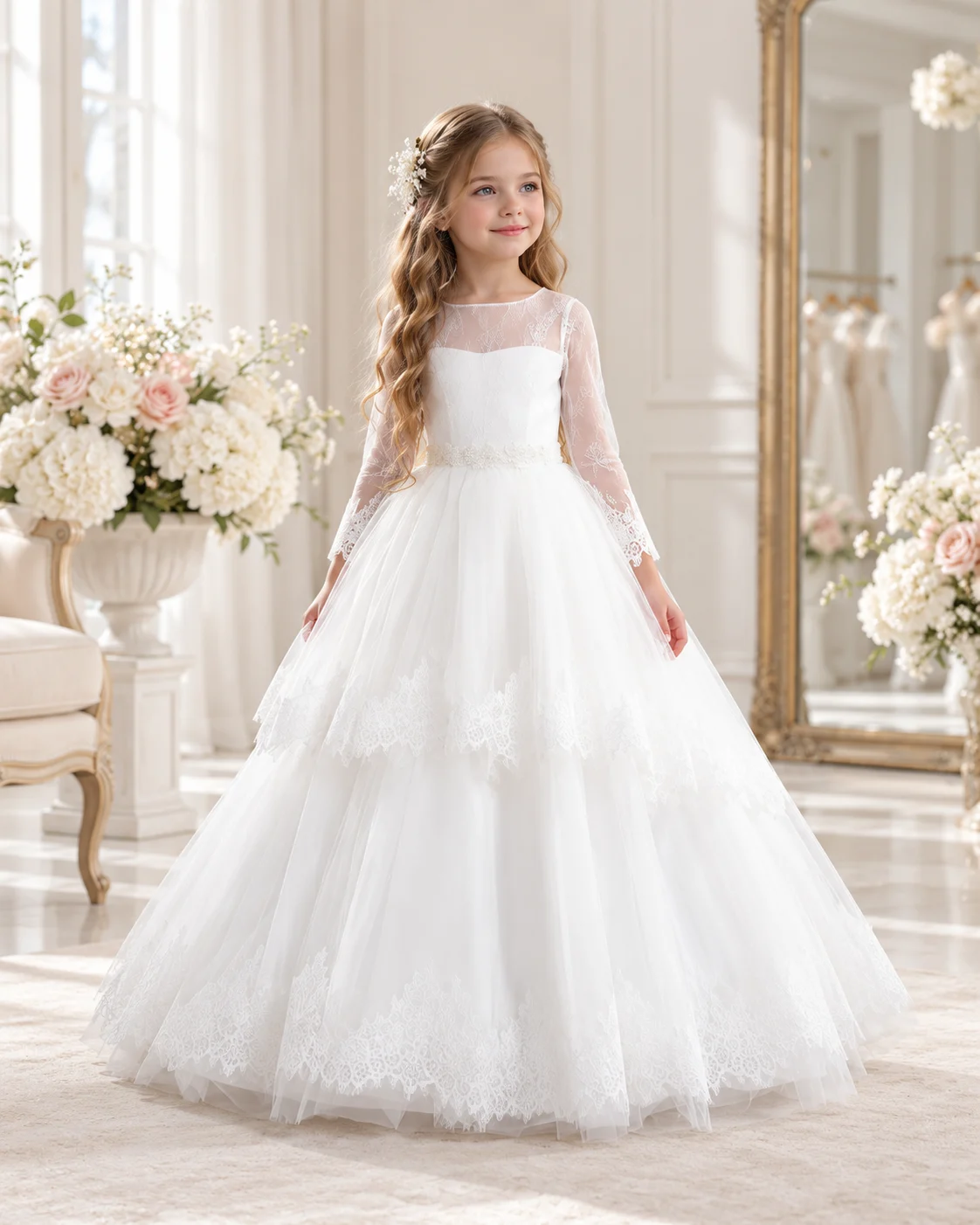 Abito Cerimonia Bambina in Tulle e Pizzo – Fronte Bambina con abito da cerimonia stile principessa, maniche lunghe in pizzo e ampia gonna in tulle con ricami floreali, vista frontale.