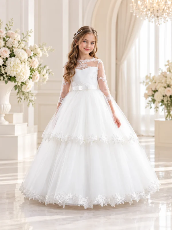 Abito da cerimonia bambina bianco con gonna ampia in tulle a balze, corpetto in pizzo floreale e maniche trasparenti.
