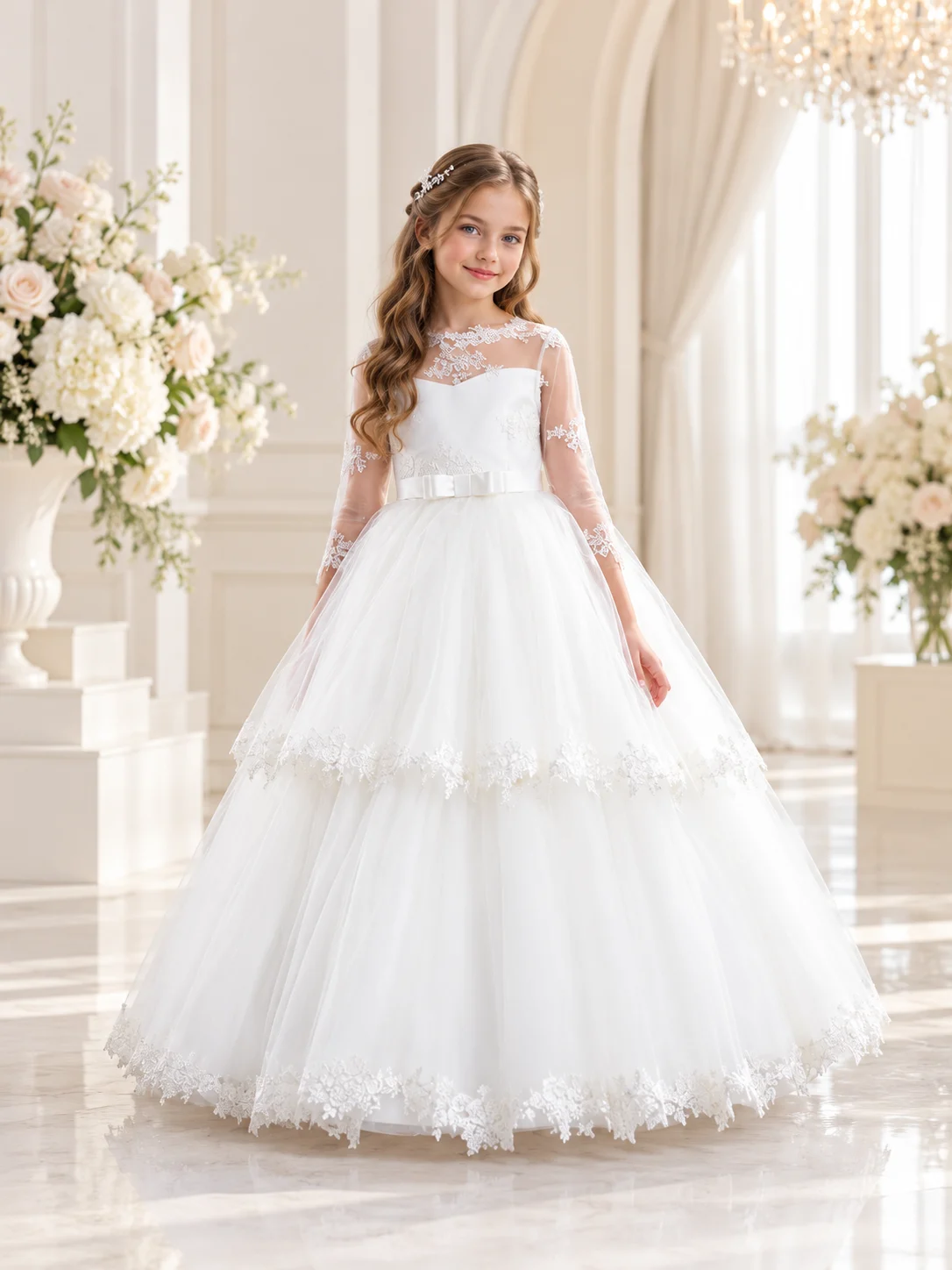 Abito Cerimonia Bambina Bianco in Tulle a Balze – Fronte Abito da cerimonia bambina bianco con gonna ampia in tulle a balze, corpetto in pizzo floreale e maniche trasparenti.