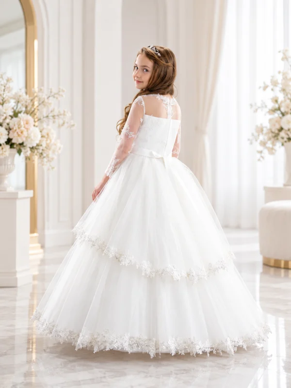 Vista posteriore dell'abito da cerimonia bambina bianco con tulle a balze, bordi in pizzo e corpetto con inserto ricamato.