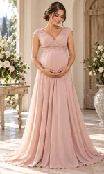 Abito premaman elegante rosa cipria lungo con scollo a V incrociato, corpetto drappeggiato e vita impero, vista frontale