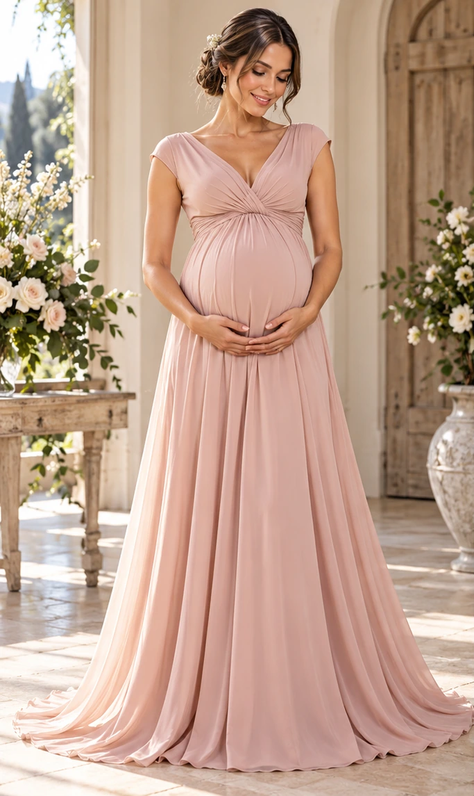 Abito Premaman Rosa Cipria Elegante – Fronte Abito premaman elegante rosa cipria lungo con scollo a V incrociato, corpetto drappeggiato e vita impero, vista frontale