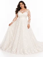 Abito da sposa curvy principessa con maniche lunghe in pizzo floreale, corpetto a cuore e gonna ampia in tulle avorio