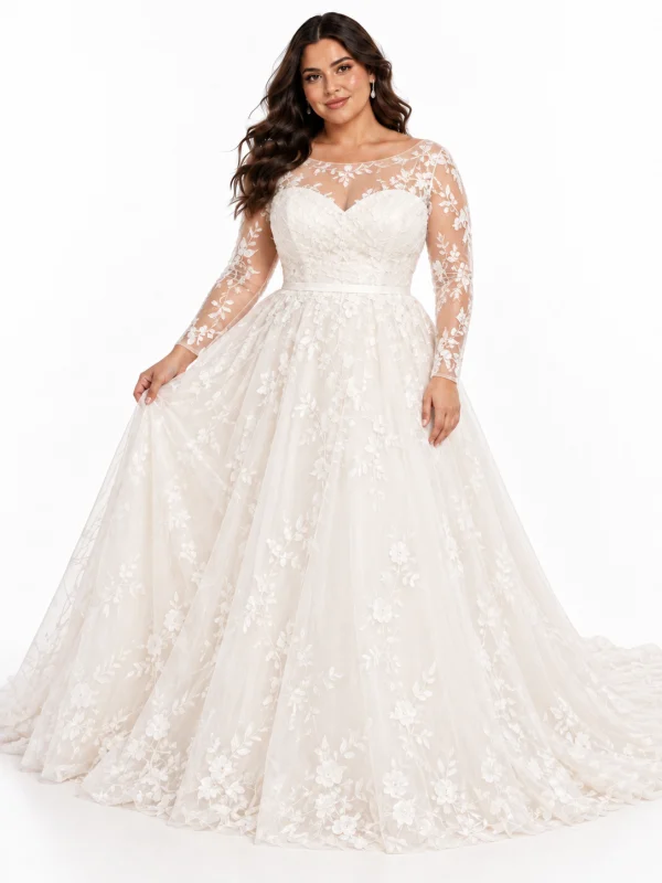 Abito da sposa curvy principessa con maniche lunghe in pizzo floreale, corpetto a cuore e gonna ampia in tulle avorio