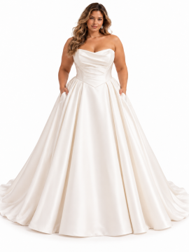 Abito da sposa curvy stile principessa in raso avorio, con scollatura a cuore senza spalline, corpetto drappeggiato, vita definita e ampia gonna con pieghe e tasche laterali.
