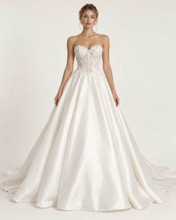 Abito da sposa principesco avorio visto frontalmente, con corsetto trasparente in pizzo floreale, scollo a cuore e ampia gonna lucida con strascico.