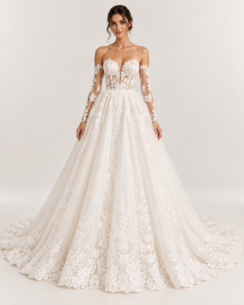 Abito da sposa principesco avorio con maniche lunghe in pizzo floreale, spalle scoperte, corsetto trasparente e ampia gonna ricamata.