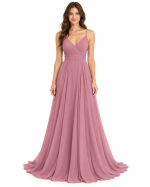 Abito da sposa rosa antico lungo con scollo a V incrociato, spalline sottili, corpetto drappeggiato e gonna fluida.