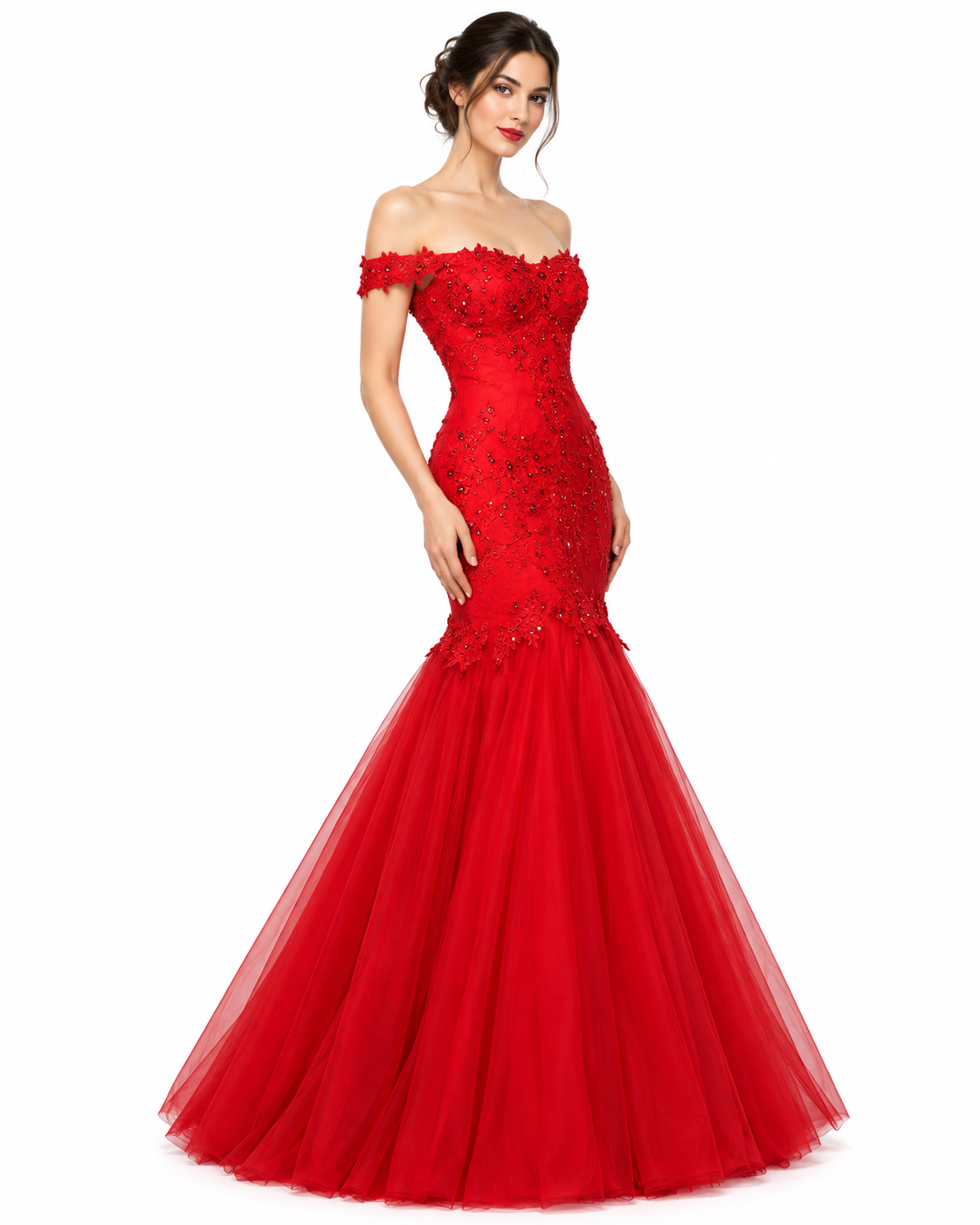 abito-sposa-rosso-sirena-frontale.webp Abito da sposa rosso a sirena con pizzo floreale, spalle scoperte e gonna in tulle