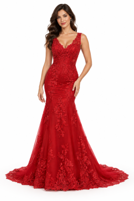 Abito da sposa rosso a sirena con scollo a V, applicazioni in pizzo floreale e gonna con strascico ricamato.