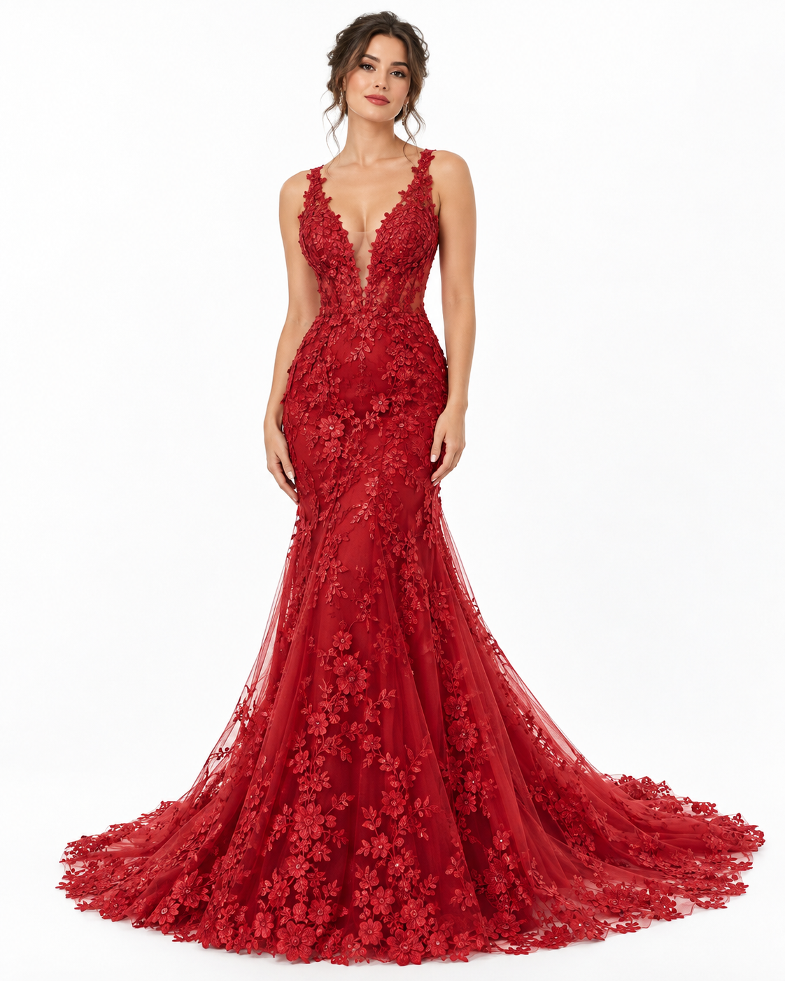 Abito da Sposa Rosso a Sirena con Pizzo Floreale – Frontale Abito da sposa rosso a sirena con profondo scollo a V, applicazioni in pizzo floreale e ampio strascico.