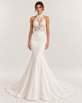Abito da sposa a sirena avorio con collo alto all'americana in pizzo floreale, corpetto trasparente, scollo profondo e gonna svasata con strascico.