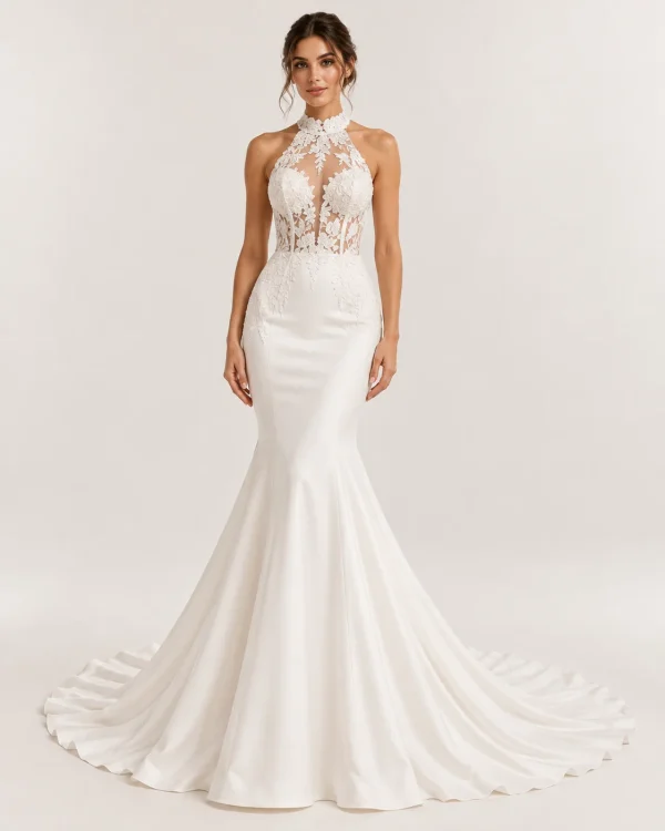 Abito da sposa a sirena avorio con collo alto all'americana in pizzo floreale, corpetto trasparente, scollo profondo e gonna svasata con strascico.