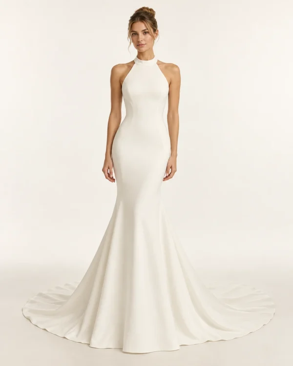 Abito da sposa a sirena avorio minimal chic con collo alto all'americana, spalle scoperte e gonna svasata con strascico.