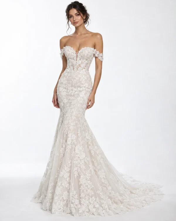 Abito da sposa a sirena in pizzo floreale con scollatura a cuore, maniche omerali e gonna svasata