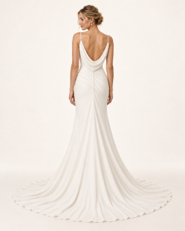 Vista posteriore abito da sposa a sirena avorio con schiena scoperta, scollo a cascata drappeggiato, bottoncini rivestiti e ampio strascico.