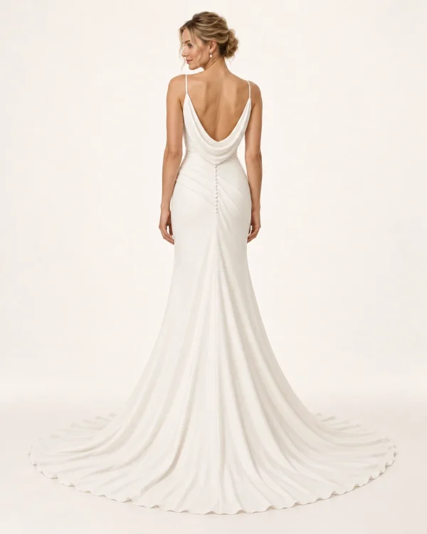 Vista posteriore abito da sposa a sirena avorio con schiena scoperta, scollo a cascata drappeggiato, bottoncini rivestiti e ampio strascico.