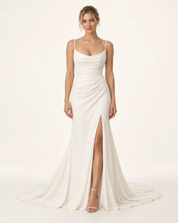 Vista posteriore abito da sposa a sirena avorio con schiena scoperta, scollo a cascata drappeggiato, bottoncini rivestiti e ampio strascico.