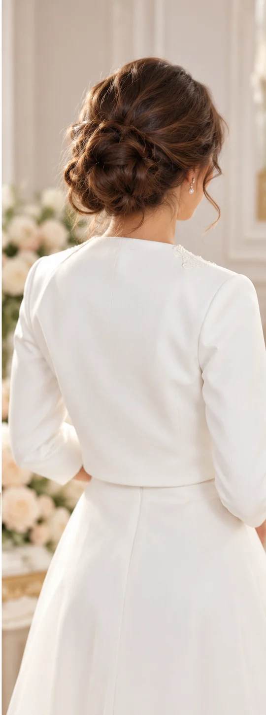 Vista posteriore del bolero coprispalle da sposa bianco corto con maniche tre quarti