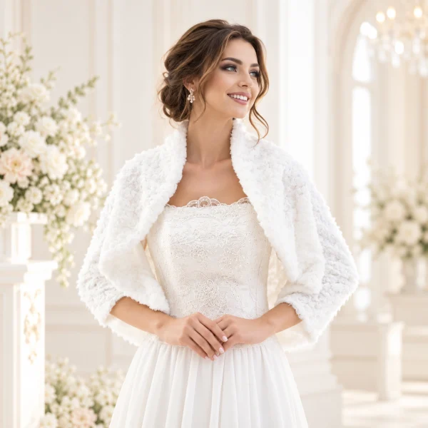 Modella con coprispalle sposa avorio effetto pelliccia indossato sopra un elegante abito da sposa
