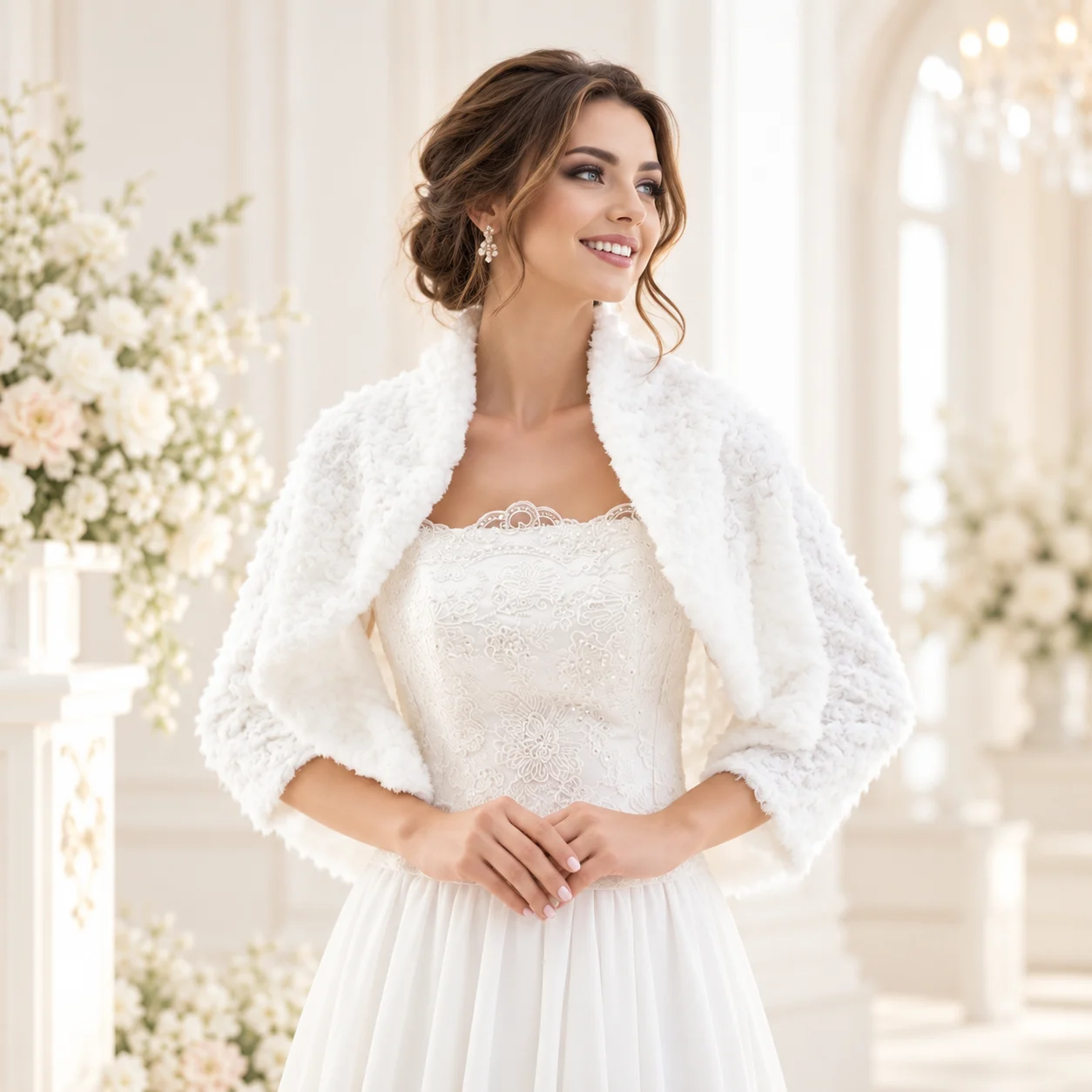 Coprispalle Sposa Avorio Elegante Modella con coprispalle sposa avorio effetto pelliccia indossato sopra un elegante abito da sposa