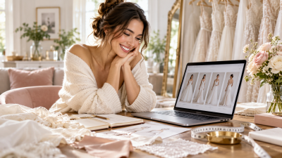 Futura sposa sorridente mentre sceglie online il proprio abito da sposa dal computer.
