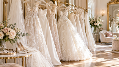 Collezione illustrativa di abiti da sposa bianchi in pizzo, tulle e satin con diversi modelli.
