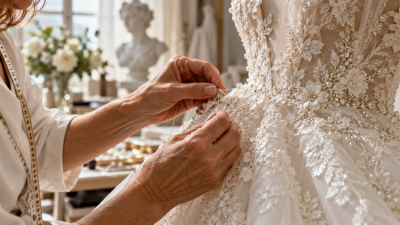 Mani di una sarta che cuciono dettagli in pizzo e perline su un abito da sposa.