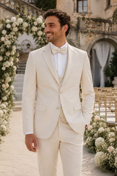 Abito da Sposo Panna Elegante con Gilet e Papillon indossato in una raffinata location di matrimonio