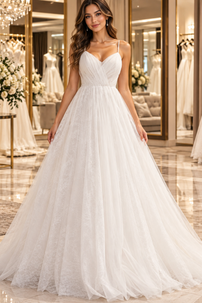 Abito da sposa con corpetto drappeggiato, scollatura a V, spalline sottili e gonna ampia in tulle, vista frontale.