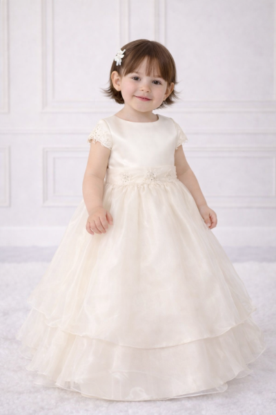 Vestito Battesimo Neonata Avorio con Gonna Ampia e Pizzo