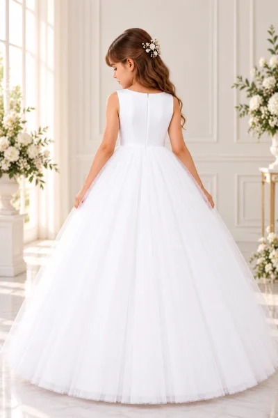 Vista posteriore dell'abito Prima Comunione bambina bianco, senza maniche, con cerniera centrale, schiena poco scollata e gonna ampia in tulle.