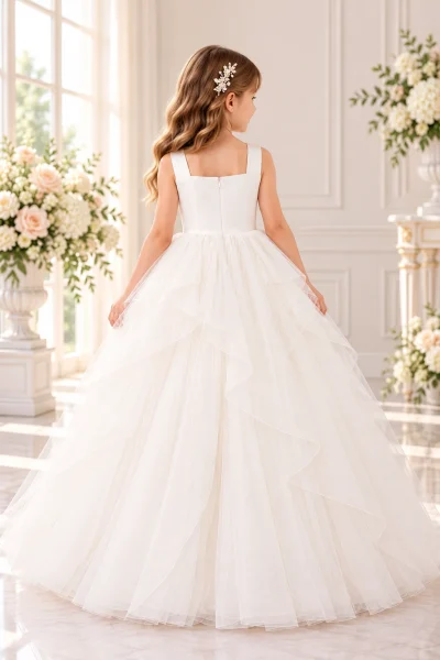 Vista posteriore abito Prima Comunione bambina avorio con chiusura a cerniera, scollo quadrato e gonna ampia in tulle a balze.