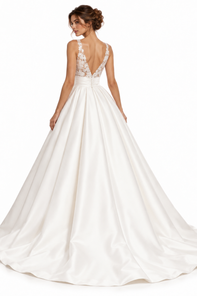 Vista posteriore abito da sposa principesco con schiena a V in pizzo floreale, fascia in vita e gonna ampia in mikado