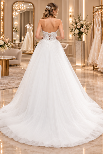 Vista posteriore di abito da sposa principessa con schiena scoperta, allacciatura a corsetto e gonna in tulle.