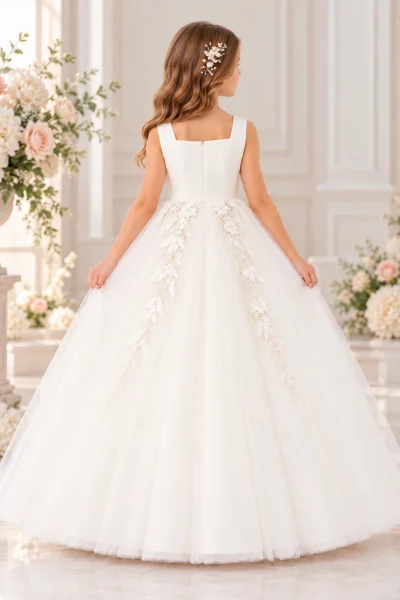 Vista posteriore abito Prima Comunione bambina avorio con cerniera centrale, applicazioni floreali e gonna lunga vaporosa in tulle.